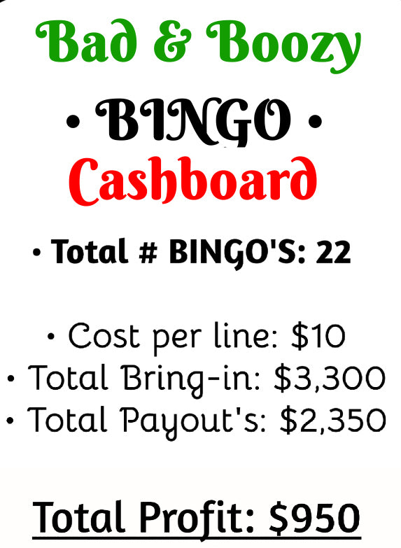 'Bad & 🍹 Boozy' Bingo Cashboard ($10/Line, $950 Profit)
