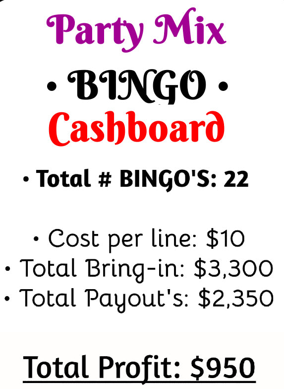 'Party 🎉 MIX' • $10/Line Bingo Cashboard ($950 Prof.)