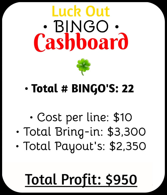 'Luck 🍀 Out' $10/Line Bingo Cashboard ($950 Profit)