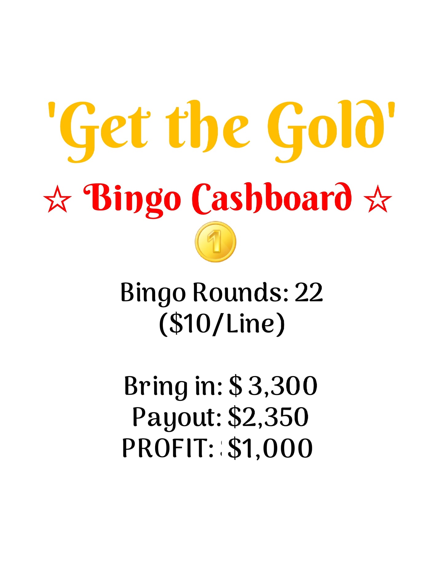 'Get the Gold' Bingo Cashboard ($10/Line, $1,000 Profit)