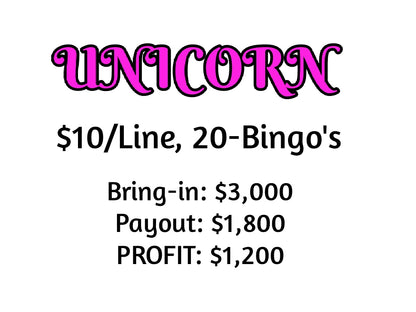 'Unicorn' ALL-HOLDS-WIN Bingo Board, $10/Line, $1,200 Profit
