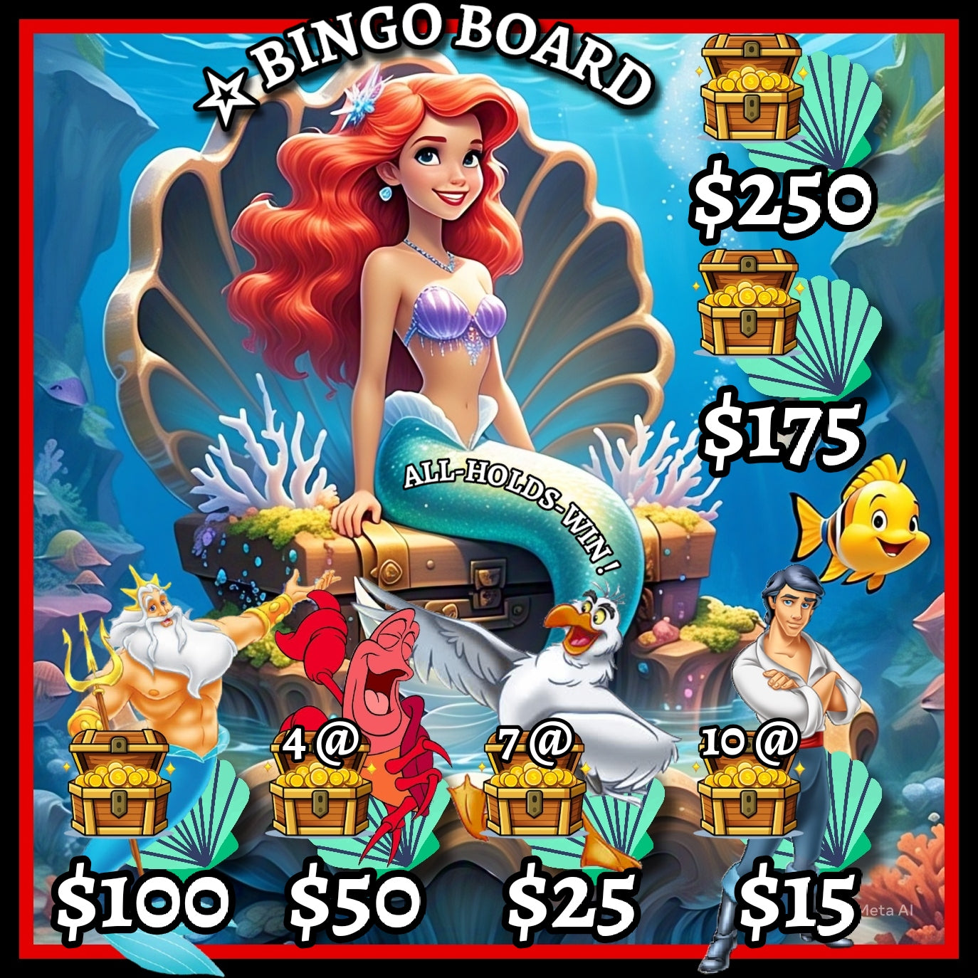 Lil' 🧜‍♀️ • ALL-HOLDS-WIN Bingo Board, $5/Line ~ $750 Profit